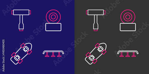 Set line Skateboard stairs with rail, wheel and T tool icon. Vector