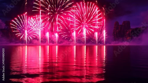 Colorful fireworks display over the river and city skyline reflecting the nighttime celebration