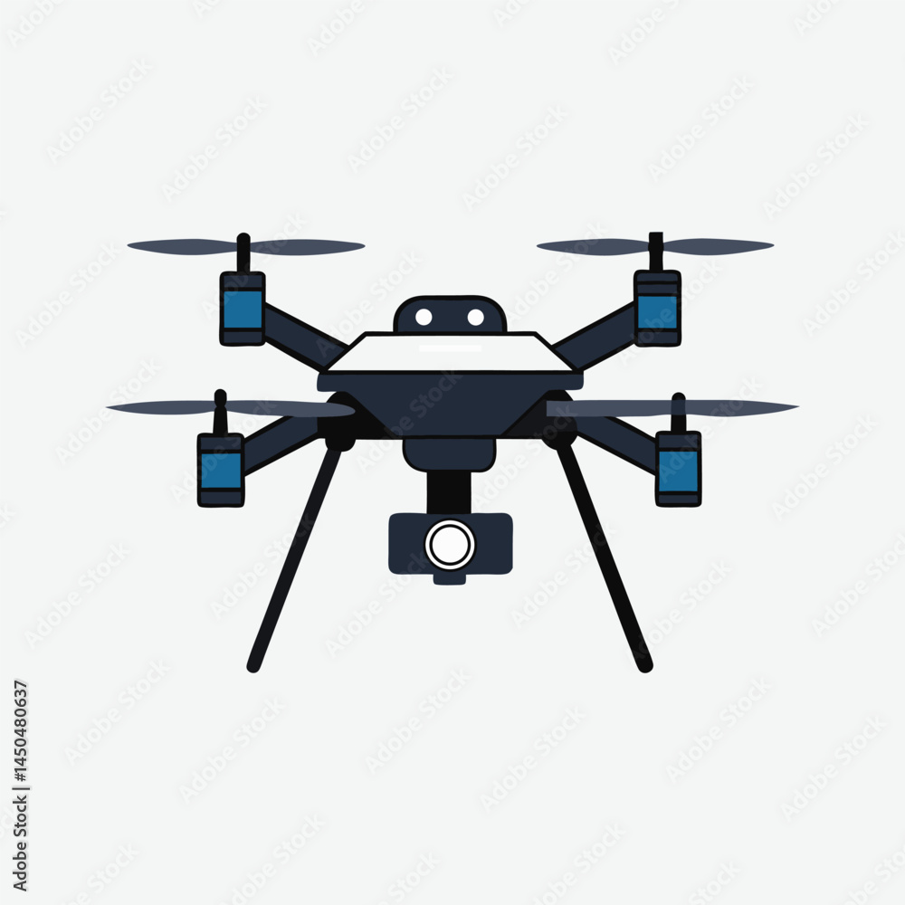 Modern drone surveillance quadcopter with camera flat vector design. Modern drone surveillance quadcopter with camera flat vector design.