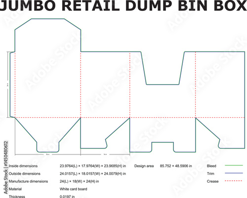 Detailed diagram of a jumbo retail dump bin box template with dimensions for manufacturing and design purposes