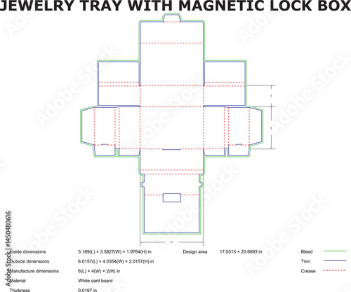 Detailed blueprint of a jewelry tray with magnetic lock box showing dimensions and specifications for manufacturing