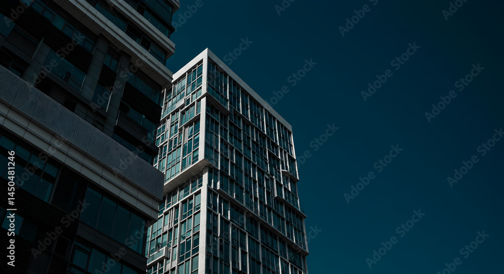 Fototapeta premium Geometric Cityscape Two Modern Buildings Against Dark Sky