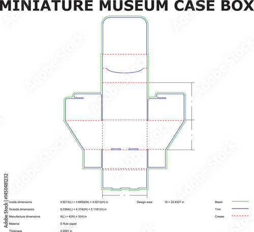 Detailed blueprint of a miniature museum case box featuring dimensions and design elements on a white background