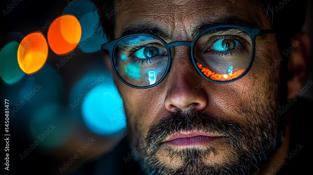 Man's face, glasses reflecting lights Man's face, glasses reflecting lights