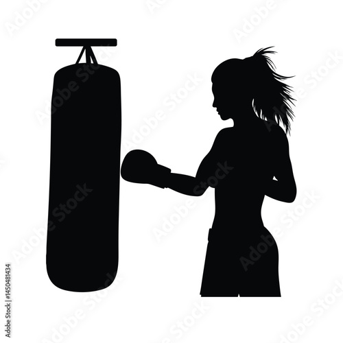 Woman boxer silhouette training on punching bag in gym illustration.