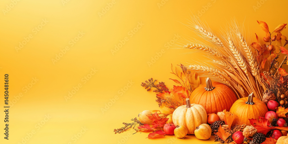 custom made wallpaper toronto digitalAutumn harvest display with pumpkins, wheat, and colorful fall leaves on orange background.