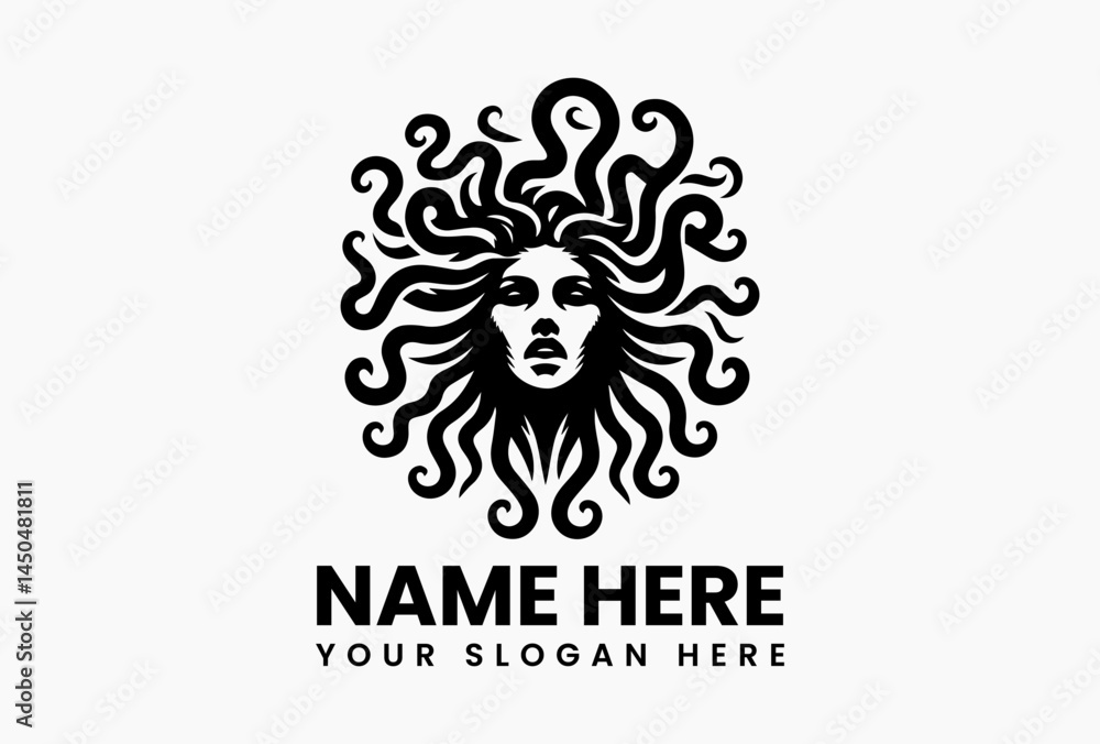 Minimal Medusa face vector logo design with serpent hair, ancient Greek mythology symbol isolated on white background for bold and powerful branding use Minimal Medusa face vector logo design with serpent hair, ancient Greek mythology symbol isolated on white background for bold and powerful branding use