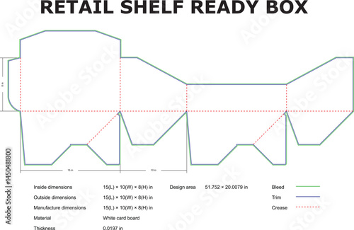Detailed diagram of retail shelf ready box blueprint with dimensions and specifications for packaging and design purposes