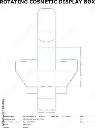 Detailed vector layout blueprint of a rotating cosmetic product display box showcasing dimensions and manufacturing specifications for packaging design.