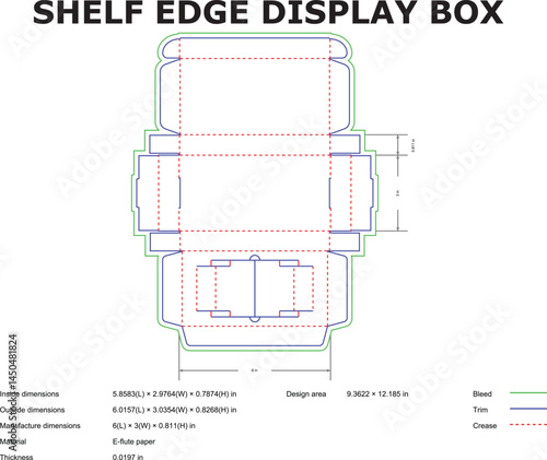 Detailed blueprint schematic diagram for a shelf edge display box showing dimensions cut lines and material specifications for packaging design