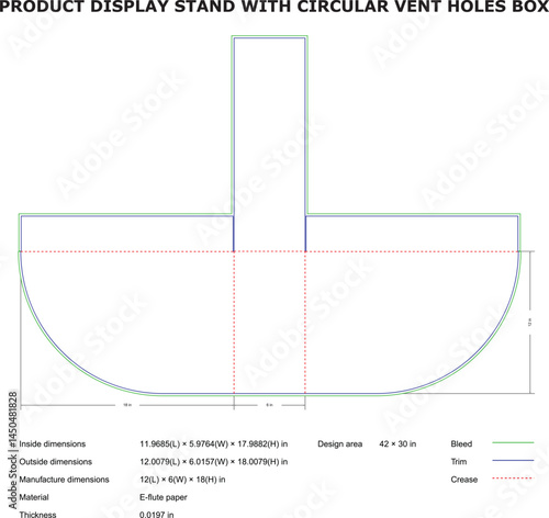 Detailed blueprint layout showing dimensions and construction details of a product display stand crafted from e-flute paper for visual merchandising.