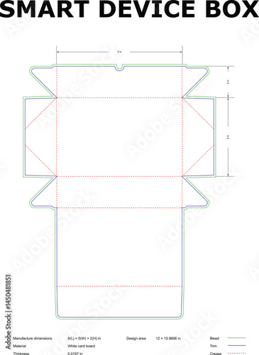 Detailed vector diagram of a smart device box packaging design showing manufacturing dimensions and specifications for cardboard production