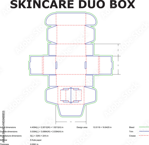 Detailed diagram of a skincare duo box packaging template with dimensions and specifications for manufacturing and design