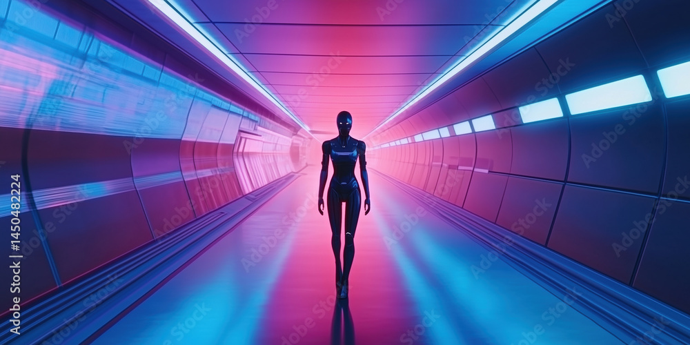 Futuristic humanoid figure walking in neon-lit corridor with vibrant colors. Futuristic humanoid figure walking in neon-lit corridor with vibrant colors.