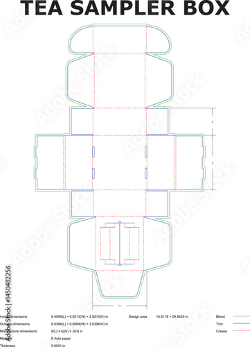 Detailed flat layout of a tea sampler box packaging design template showcasing dimensions and construction guidelines for marketing and branding.