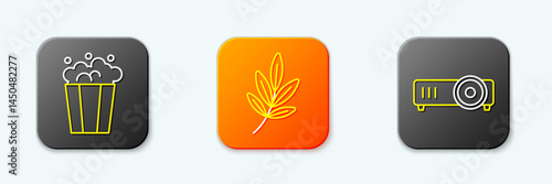 Set line Popcorn in cardboard box, Movie trophy and Movie, film, media projector icon. Vector