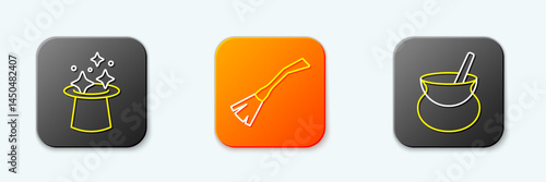 Set line Magic hat, Witches broom and cauldron icon. Vector
