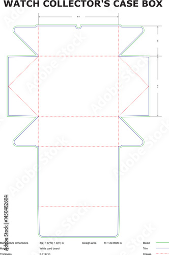 Detailed vector illustration of a watch collector's case box, featuring dimensions and cut lines for packaging design.