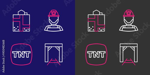 Set line Mine entrance, Dynamite, Miner helmet and icon. Vector