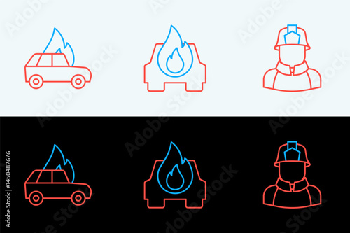 Set line Firefighter, Burning car and icon. Vector