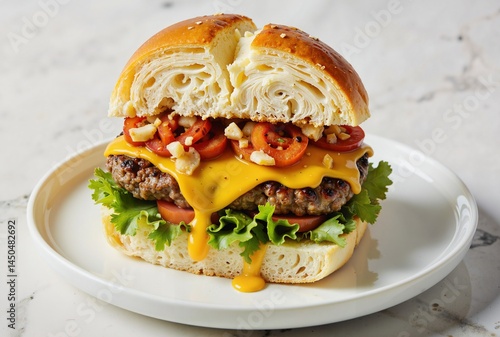 Wallpaper Mural A mouthwatering cheeseburger with a juicy beef patty, melted cheese, fresh lettuce, tomato slices, and crispy bacon, served on a soft bun atop a white plate Torontodigital.ca