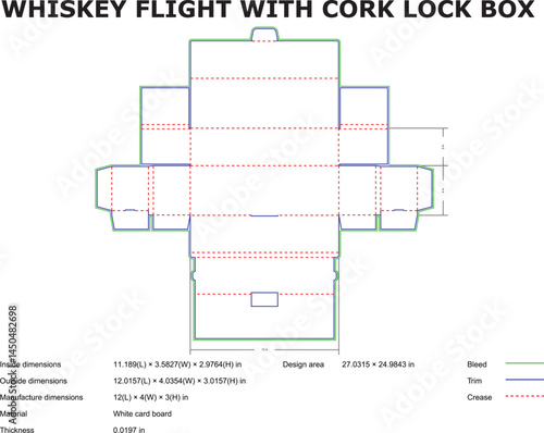 Whiskey flight box diagram with dimension details and design specifications for a cork lock box manufacturing blueprint illustration