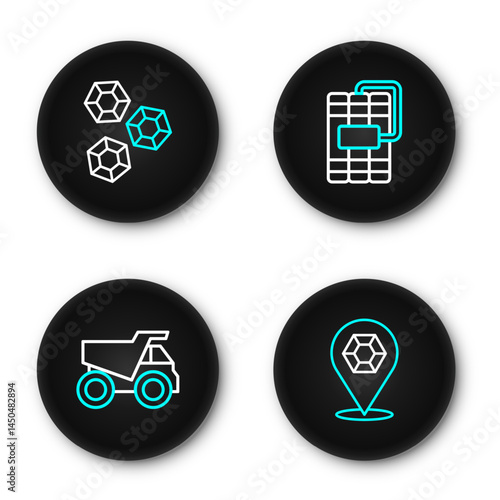 Set line Gem stone, Mining dump truck, Dynamite and icon. Vector