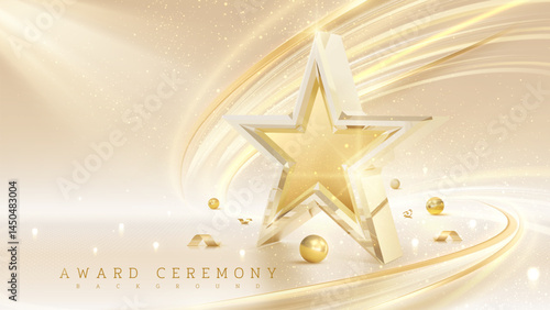 Realistic 3D transparent stars and golden frame with ribbon and ball with bokeh effect decoration, luxury award ceremony stage background vector illustration design in cream color.