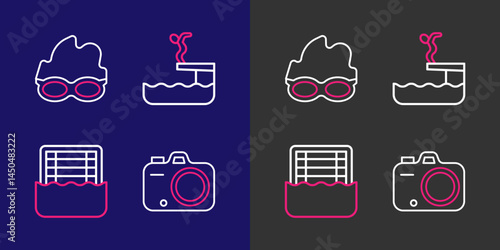 Set line Photo camera, Water polo, Swimmer diving into pool and Glasses for swimming icon. Vector