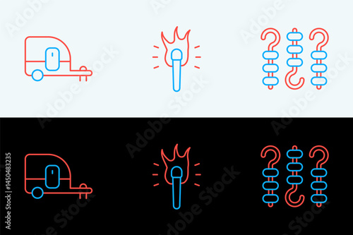 Set line Grilled shish kebab on skewer, Rv Camping trailer and Torch flame icon. Vector