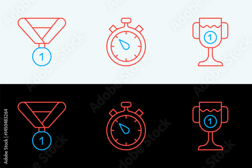 Set line Award cup, Medal and Stopwatch icon. Vector