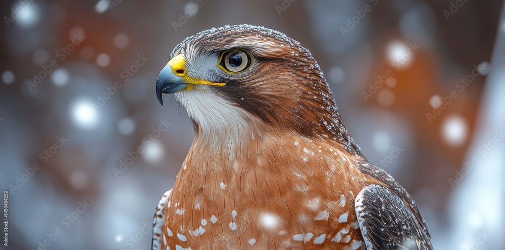 Hawk Portrait Amidst Falling Snow Wildlife Photography Serene Winter Landscape Close-Up View