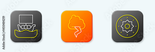 Set line Viking ship Drakkar, Cloud and lightning and Shield viking icon. Vector