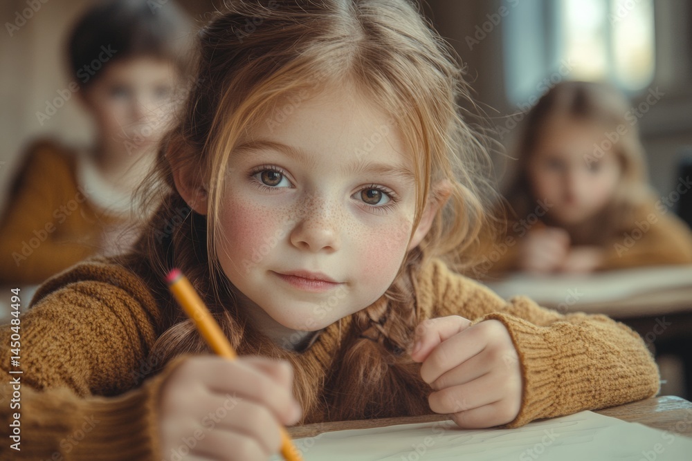 Classroom Activity Young Girl Drawing School Portrait Photography Natural Light Close-up Creativity