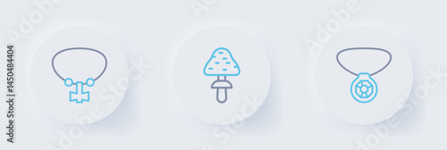 Set line Necklace with gem, Mushroom and Mace spikes icon. Vector