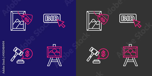 Set line Auction painting, hammer price, Bid and icon. Vector
