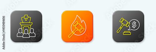 Set line Auction jewelry sale, hammer and price icon. Vector