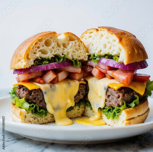A delectable cheeseburger cut in half, revealing juicy beef patties, melted cheese, fresh lettuce, ripe tomatoes, and crisp onions, served on a soft bun atop a pristine white plate