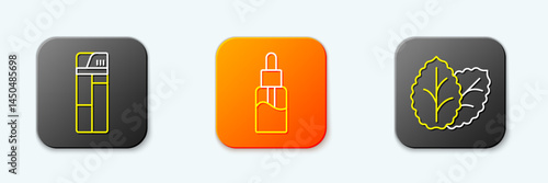 Set line Lighter, Vape liquid bottle and Tobacco leaf icon. Vector