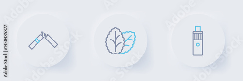 Set line Vape mod device, Tobacco leaf and Broken cigarette icon. Vector
