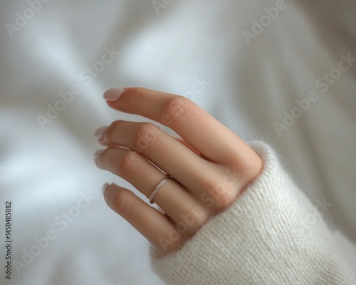 Delicate Hand Gesture Displaying Elegant Ring Indoor Setting Fashion Photography Soft Textures Close-up View Beauty Concept