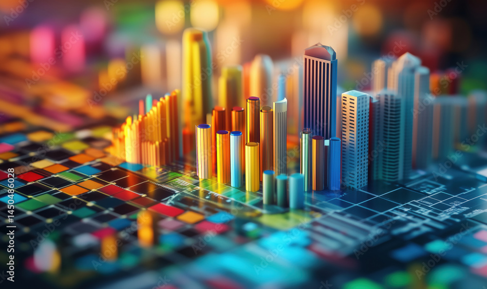 Colorful 3D city skyline with vibrant data visualization elements and graphs. Colorful 3D city skyline with vibrant data visualization elements and graphs.