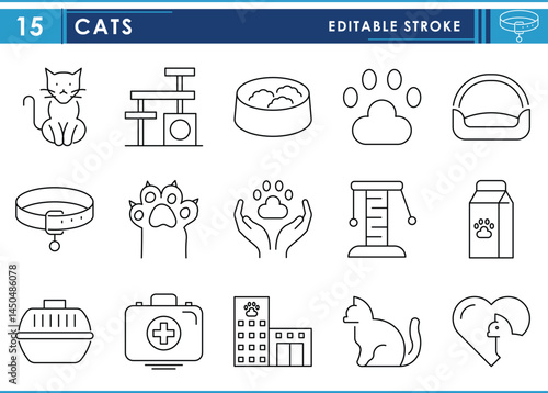 A set of line icons related to Cats. Cat, paw, care, pet, toys, and so on. Vector editable stroke.