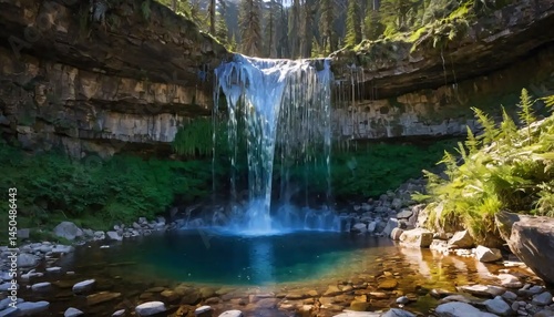 Glimmering Waterfall Cascading into Glowing Crystal Basin with Reflections