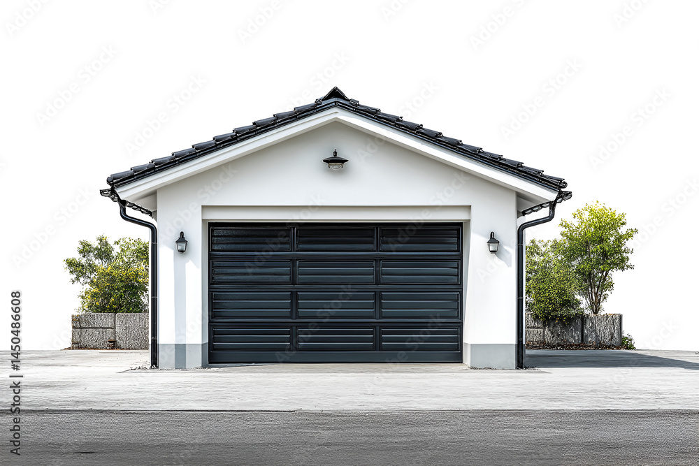 Symmetrical garage with a modern black door and surrounding greenery landscape Symmetrical garage with a modern black door and surrounding greenery landscape