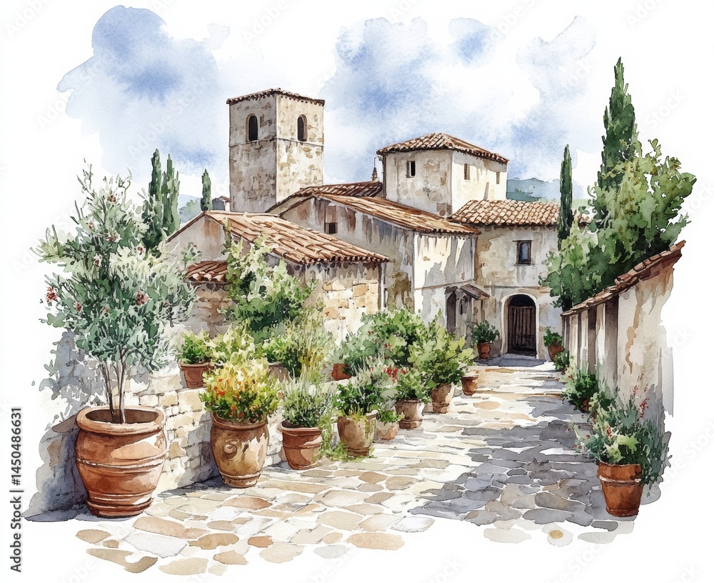Charming Italian Village Courtyard Tuscany Watercolor Art Scenic Artistic Perspective