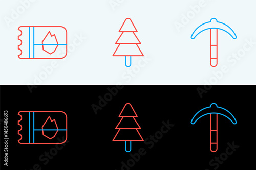 Set line Pickaxe, Ticket in Iceland and Tree icon. Vector