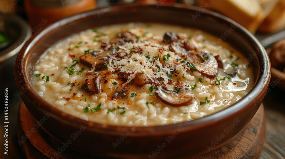 A bowl of creamy risotto topped with sauteed mushrooms, parmesan cheese, and fresh herbs A bowl of creamy risotto topped with sauteed mushrooms, parmesan cheese, and fresh herbs