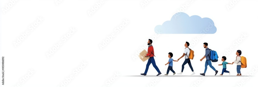 world refugee day illustration, flat banner illustration with diverse refugee families walking together under stylized clouds, highlighting world refugee day awareness sky space left for navigation world refugee day illustration, flat banner illustration with diverse refugee families walking together under stylized clouds, highlighting world refugee day awareness sky space left for navigation