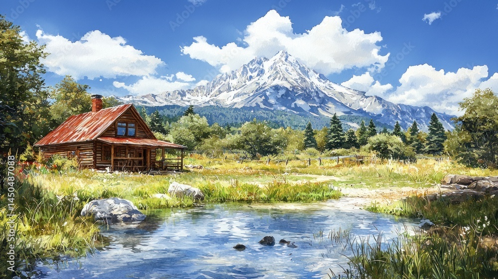 Fototapeta premium Mountain cabin view, serene waters, clear skies above